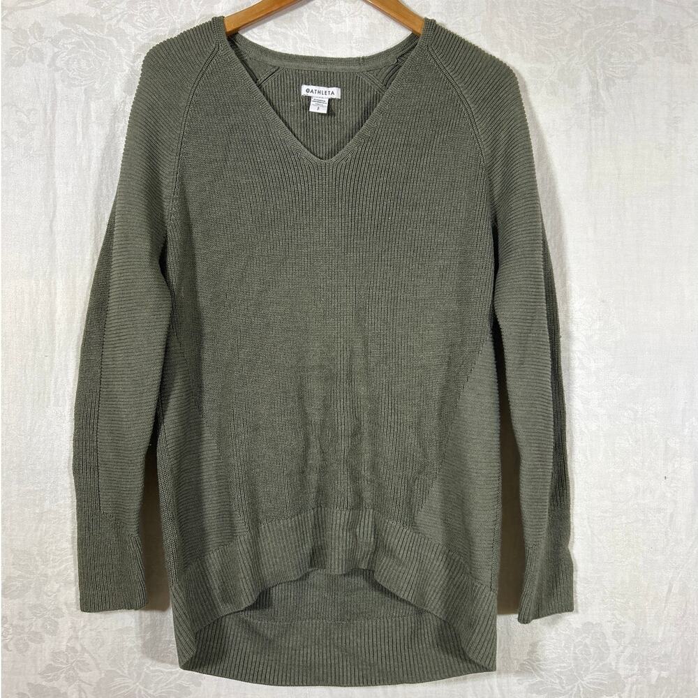 Athleta Sweater Small Olive Green Ribbed V Neck Long